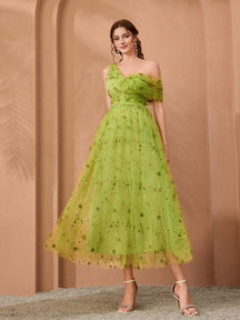 New Arrival, One-Shoulder, Romantic, 3D Floral Embroidery, Asymmetric, Elegant, Bridesmaid Dress, Pleated, Lavender, Dress Wedding