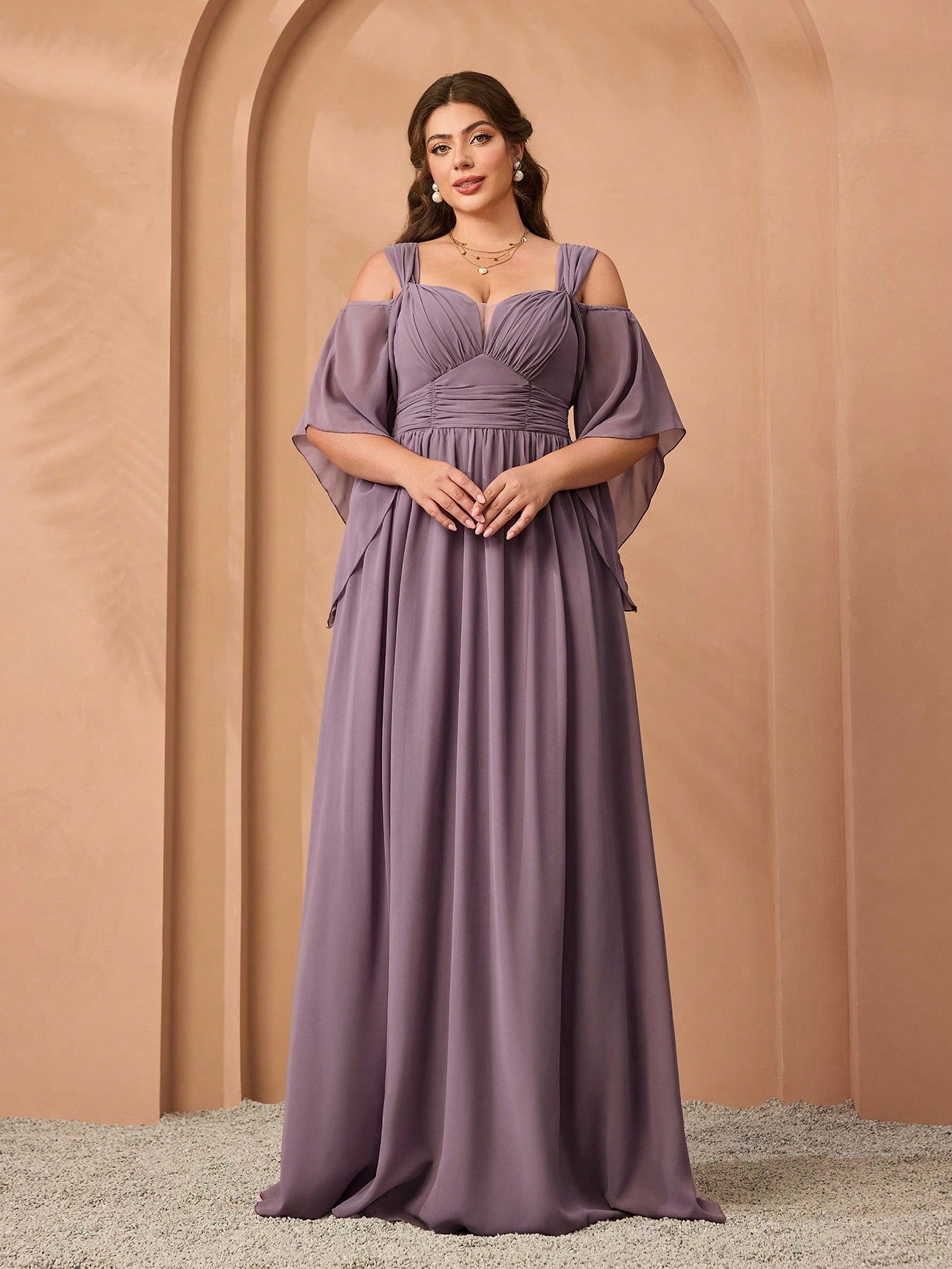 New Elegant Off-Shoulder Bridesmaid Dress, Ruffle Flare Sleeve Chiffon Dress For Women, Plus Size Party Wedding