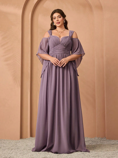 New Elegant Off-Shoulder Bridesmaid Dress, Ruffle Flare Sleeve Chiffon Dress For Women, Plus Size Party Wedding