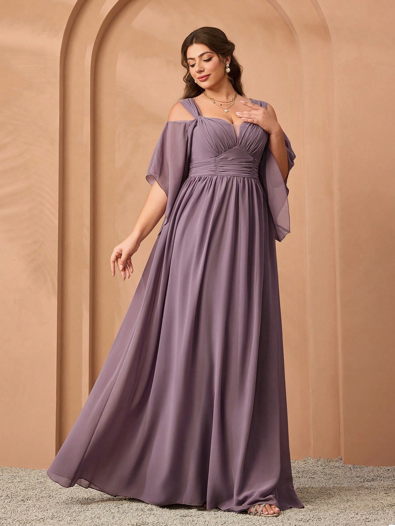 New Elegant Off-Shoulder Bridesmaid Dress, Ruffle Flare Sleeve Chiffon Dress For Women, Plus Size Party Wedding