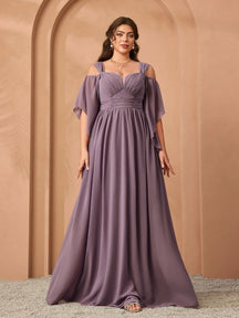 New Elegant Off-Shoulder Bridesmaid Dress, Ruffle Flare Sleeve Chiffon Dress For Women, Plus Size Party Wedding