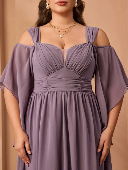 New Elegant Off-Shoulder Bridesmaid Dress, Ruffle Flare Sleeve Chiffon Dress For Women, Plus Size Party Wedding