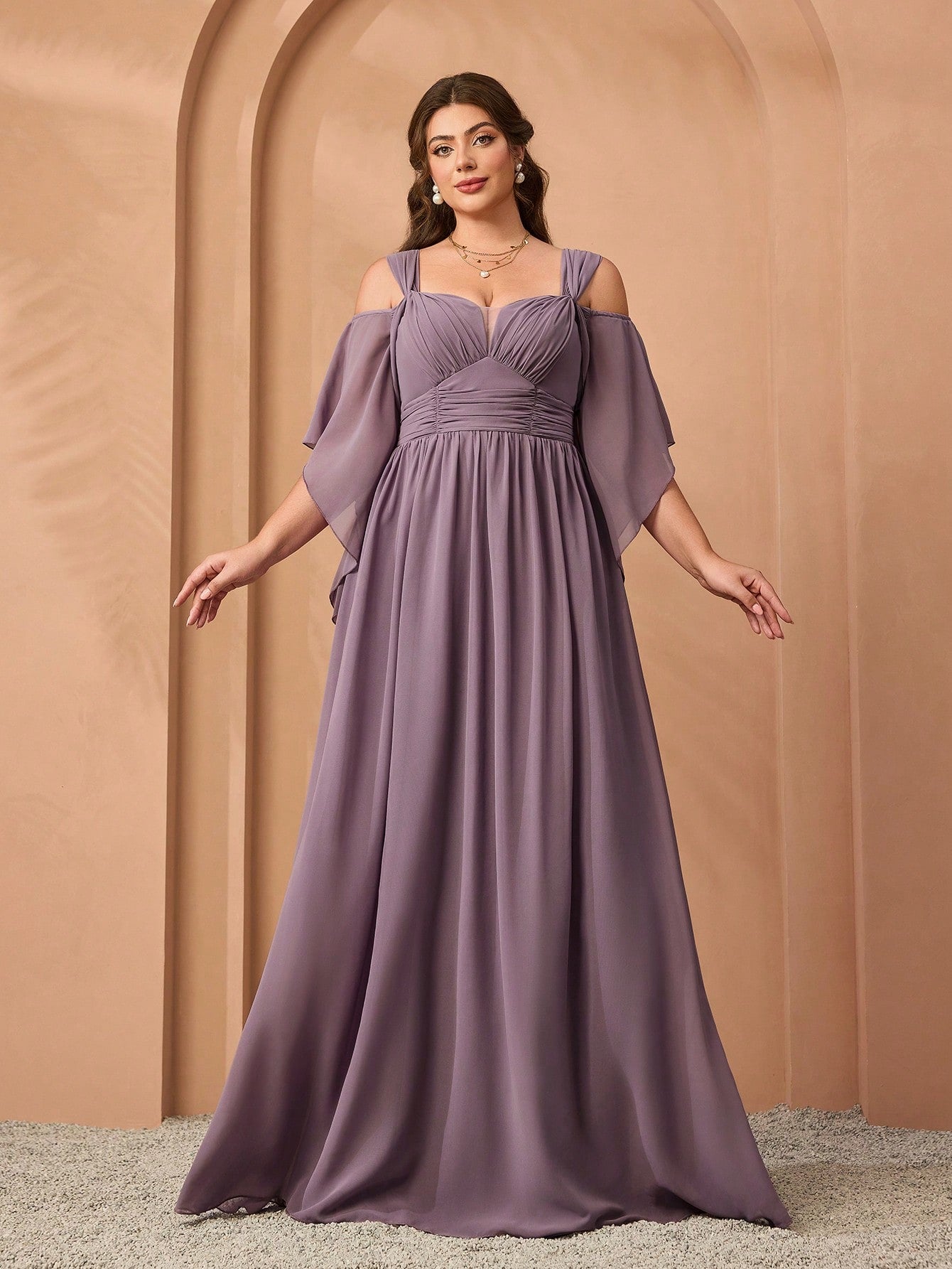 New Elegant Off-Shoulder Bridesmaid Dress, Ruffle Flare Sleeve Chiffon Dress For Women, Plus Size Party Wedding