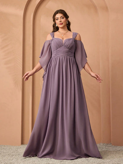 New Elegant Off-Shoulder Bridesmaid Dress, Ruffle Flare Sleeve Chiffon Dress For Women, Plus Size Party Wedding