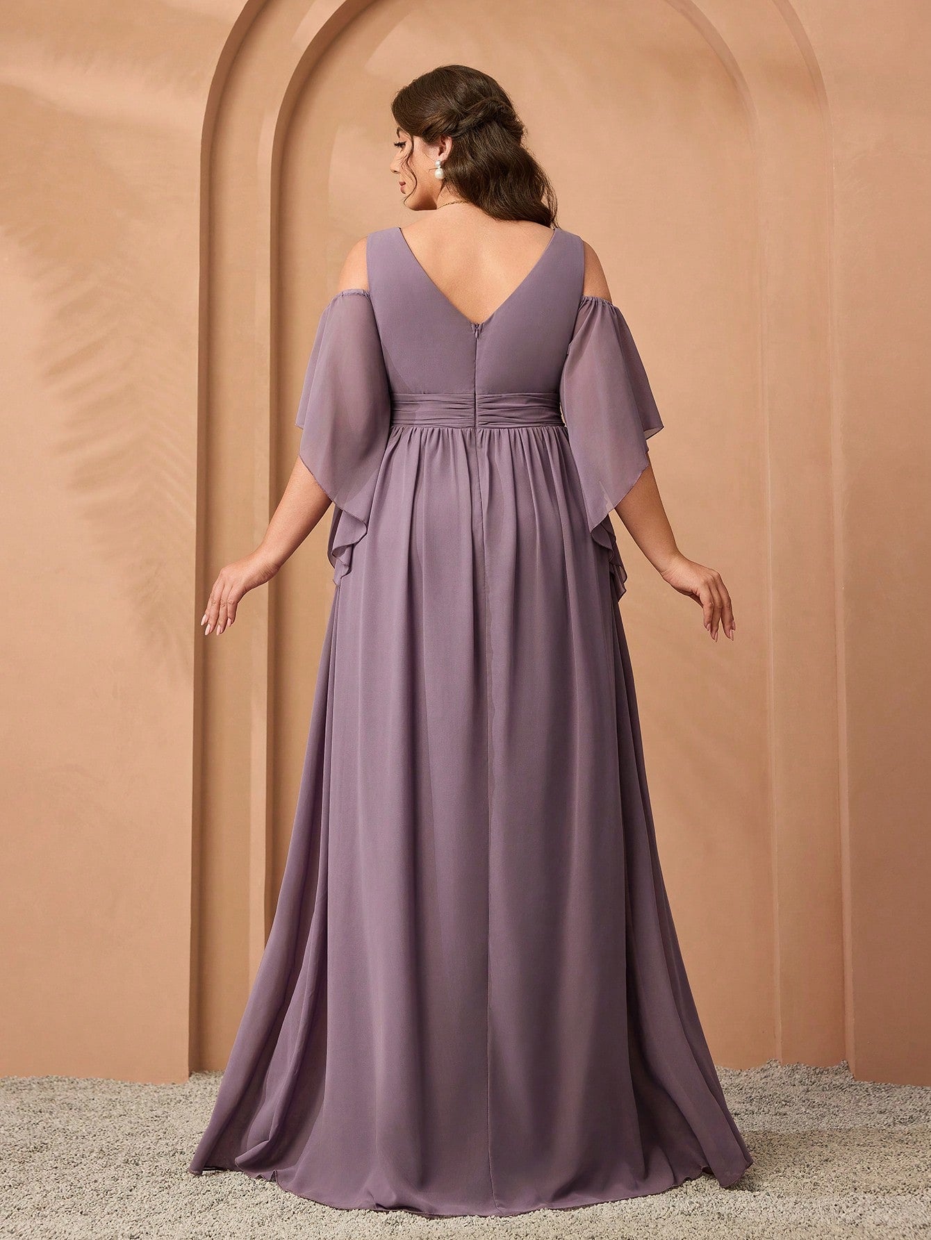 New Elegant Off-Shoulder Bridesmaid Dress, Ruffle Flare Sleeve Chiffon Dress For Women, Plus Size Party Wedding