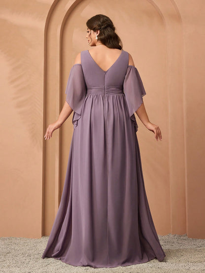 New Elegant Off-Shoulder Bridesmaid Dress, Ruffle Flare Sleeve Chiffon Dress For Women, Plus Size Party Wedding