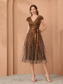 Women's V-Neck Printed Flare Sleeve Pleated Maxi Dress, Suitable For Formal Occasions Party
