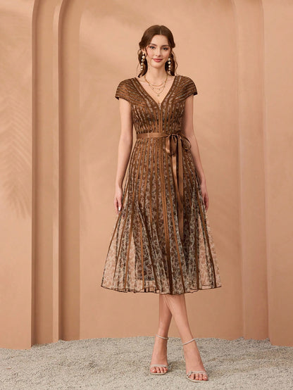 Women's V-Neck Printed Flare Sleeve Pleated Maxi Dress, Suitable For Formal Occasions Party