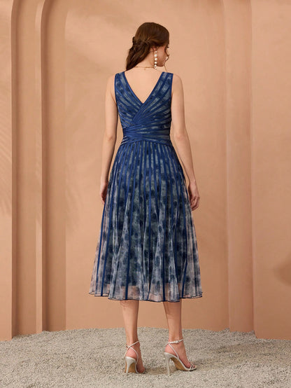 V-Neck Printed Mesh Ruffle Hem Luxurious Evening Gown Wedding Spring Party