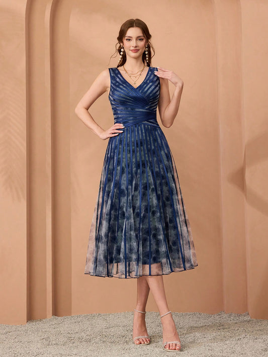 V-Neck Printed Mesh Ruffle Hem Luxurious Evening Gown Wedding Spring Party