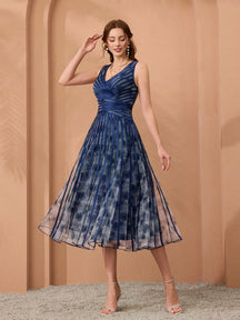 V-Neck Printed Mesh Ruffle Hem Luxurious Evening Gown Wedding Spring Party