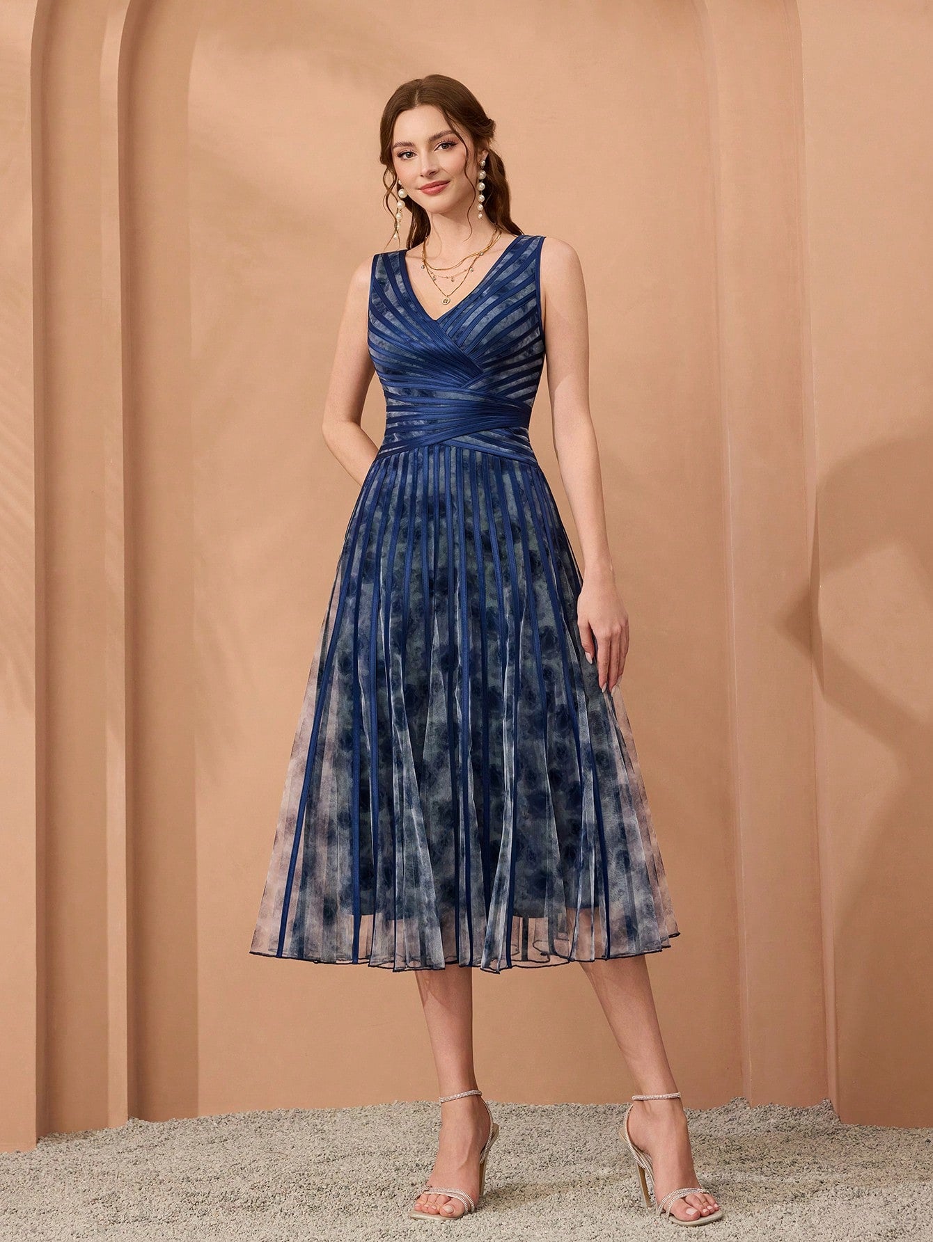 V-Neck Printed Mesh Ruffle Hem Luxurious Evening Gown Wedding Spring Party