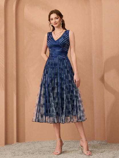 V-Neck Printed Mesh Ruffle Hem Luxurious Evening Gown Wedding Spring Party
