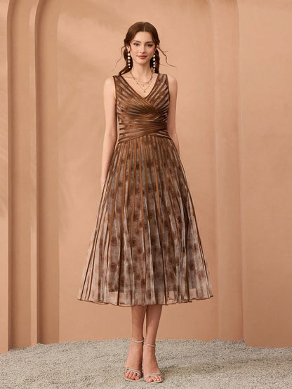 V-Neck Printed Mesh Ruffle Hem Luxurious Evening Gown Wedding Spring Party