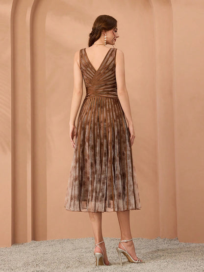 V-Neck Printed Mesh Ruffle Hem Luxurious Evening Gown Wedding Spring Party