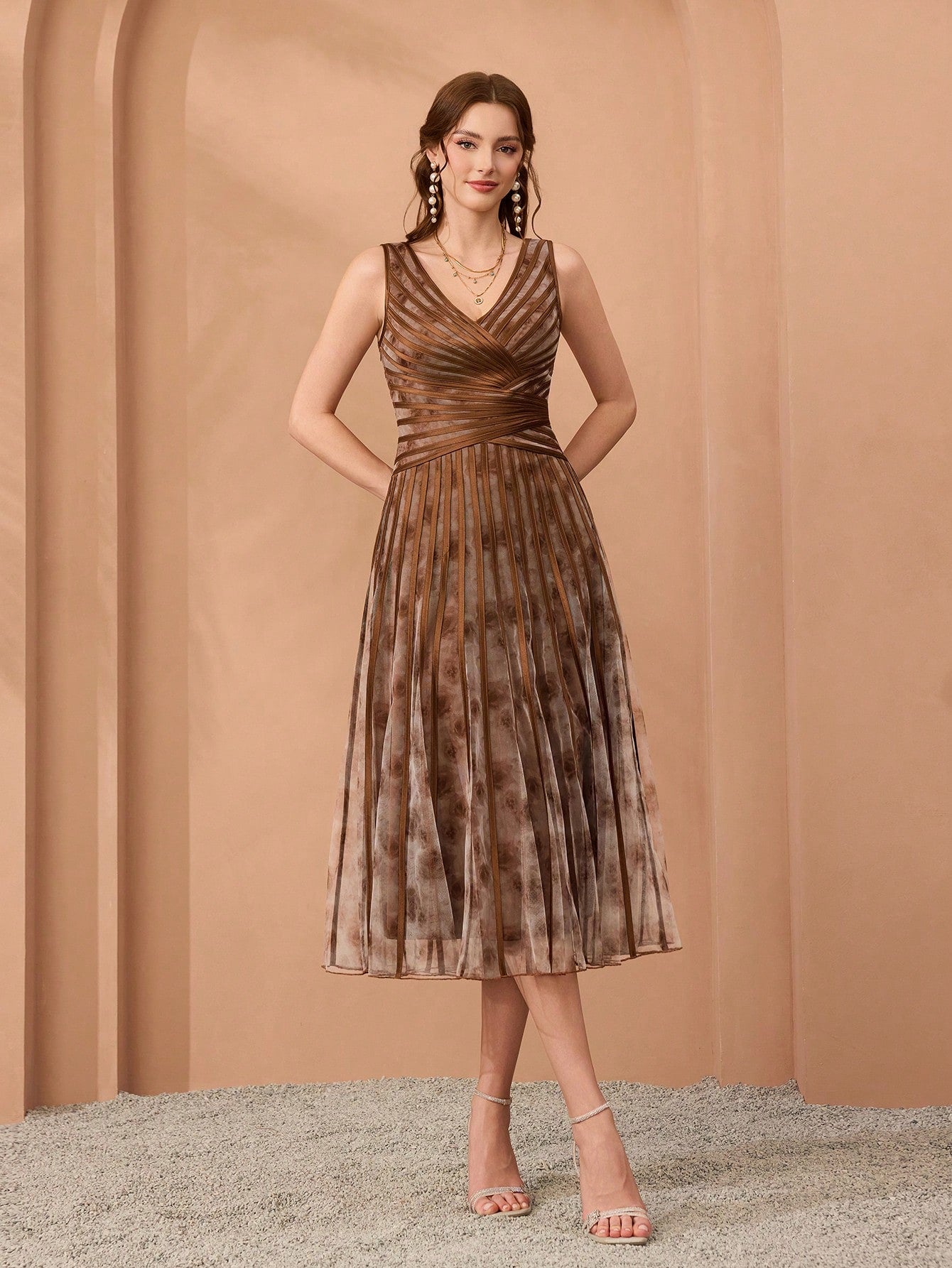 V-Neck Printed Mesh Ruffle Hem Luxurious Evening Gown Wedding Spring Party