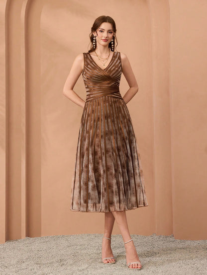 V-Neck Printed Mesh Ruffle Hem Luxurious Evening Gown Wedding Spring Party