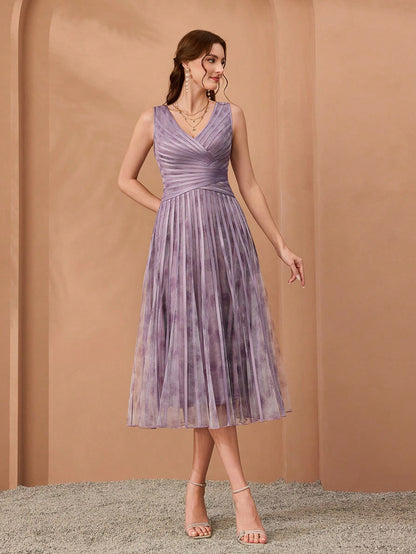 V-Neck Printed Mesh Ruffle Hem Luxurious Evening Gown Wedding Spring Party