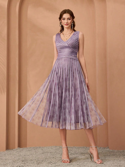 V-Neck Printed Mesh Ruffle Hem Luxurious Evening Gown Wedding Spring Party