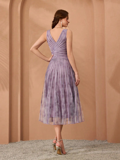 V-Neck Printed Mesh Ruffle Hem Luxurious Evening Gown Wedding Spring Party