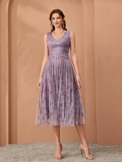 V-Neck Printed Mesh Ruffle Hem Luxurious Evening Gown Wedding Spring Party