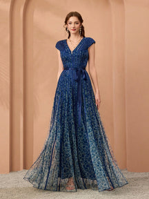New Arrival,V-Neck, Printed Mesh, Airplane Sleeves, Tie, Long Skirt With A Big Swing, High-End, Evening Dress,Summer,Festival For Women