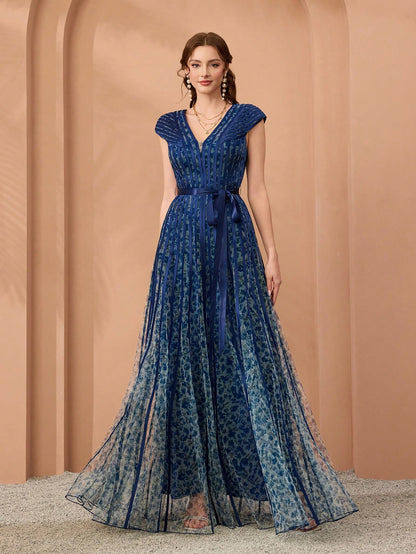 New Arrival,V-Neck, Printed Mesh, Airplane Sleeves, Tie, Long Skirt With A Big Swing, High-End, Evening Dress,Summer,Festival For Women