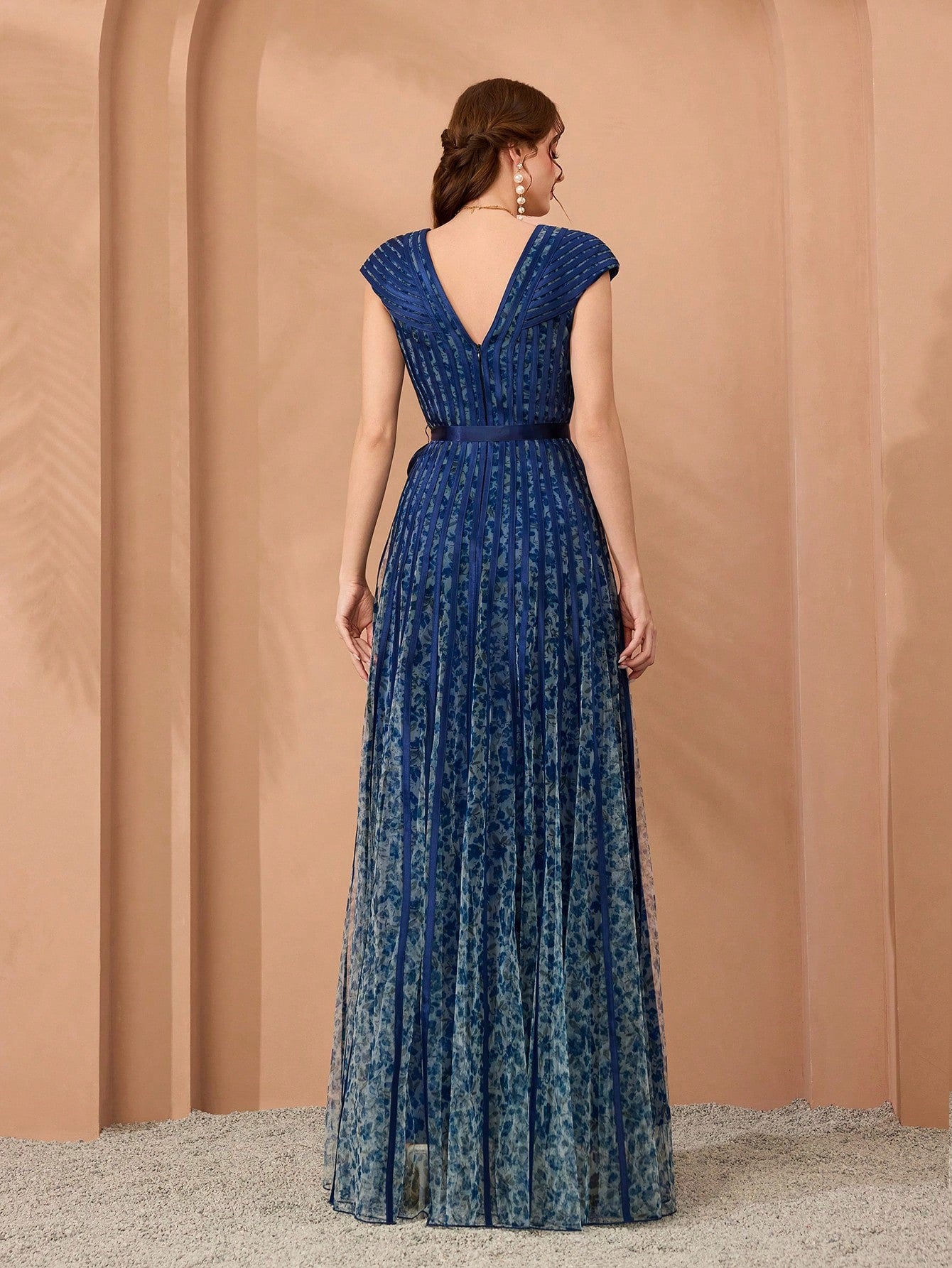 New Arrival,V-Neck, Printed Mesh, Airplane Sleeves, Tie, Long Skirt With A Big Swing, High-End, Evening Dress,Summer,Festival For Women