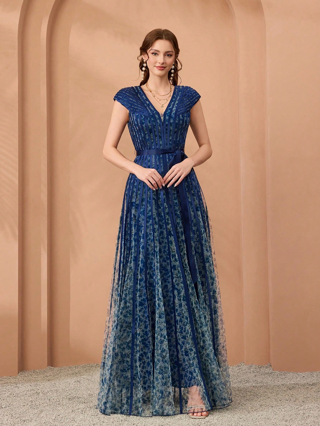 New Arrival,V-Neck, Printed Mesh, Airplane Sleeves, Tie, Long Skirt With A Big Swing, High-End, Evening Dress,Summer,Festival For Women