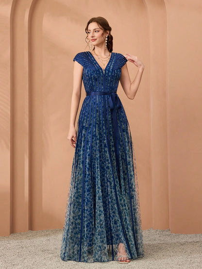 New Arrival,V-Neck, Printed Mesh, Airplane Sleeves, Tie, Long Skirt With A Big Swing, High-End, Evening Dress,Summer,Festival For Women