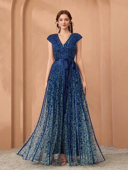 New Arrival,V-Neck, Printed Mesh, Airplane Sleeves, Tie, Long Skirt With A Big Swing, High-End, Evening Dress,Summer,Festival For Women