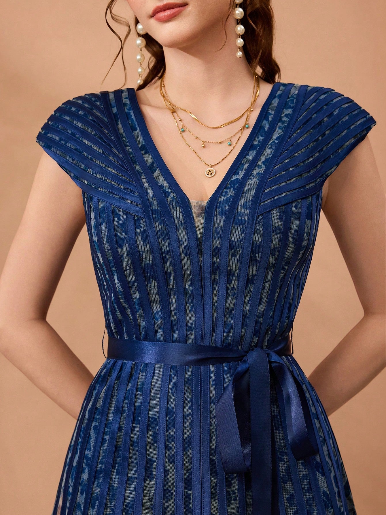 New Arrival,V-Neck, Printed Mesh, Airplane Sleeves, Tie, Long Skirt With A Big Swing, High-End, Evening Dress,Summer,Festival For Women