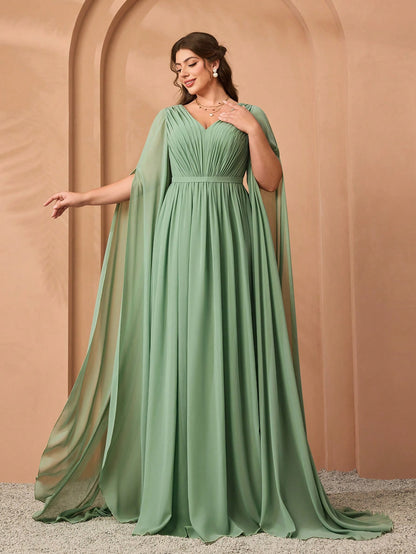 Plus Size V-Neck Elegant Pleated Green Dress, Flowy Wide Hem & Sleeves Party Wedding