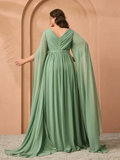 Plus Size V-Neck Elegant Pleated Green Dress, Flowy Wide Hem & Sleeves Party Wedding