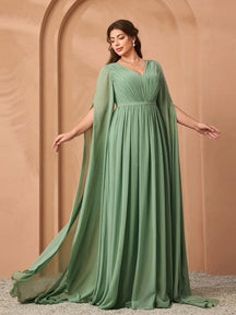 Plus Size V-Neck Elegant Pleated Green Dress, Flowy Wide Hem & Sleeves Party Wedding