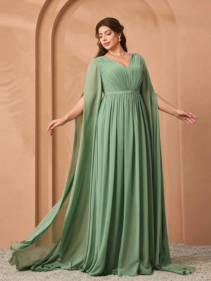 Plus Size V-Neck Elegant Pleated Green Dress, Flowy Wide Hem & Sleeves Party Wedding