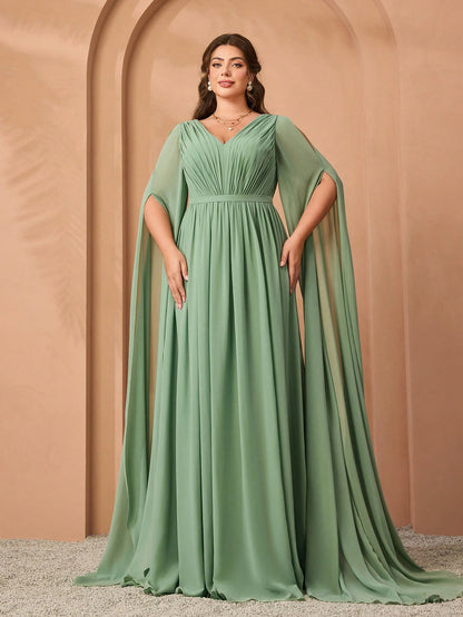 Plus Size V-Neck Elegant Pleated Green Dress, Flowy Wide Hem & Sleeves Party Wedding
