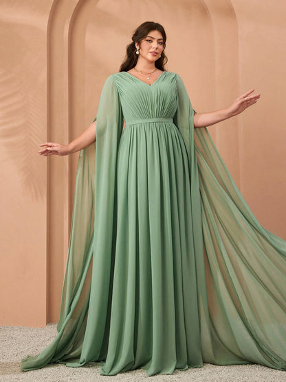 Plus Size V-Neck Elegant Pleated Green Dress, Flowy Wide Hem & Sleeves Party Wedding