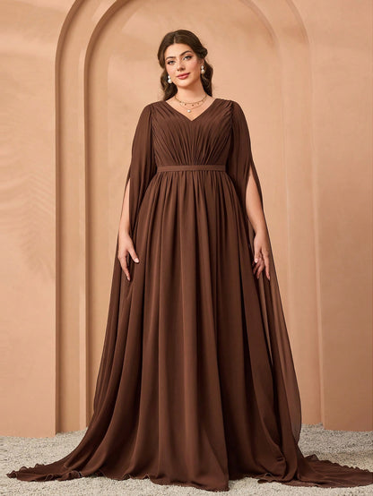 Plus Size V-Neck Elegant Pleated Green Dress, Flowy Wide Hem & Sleeves Party Wedding