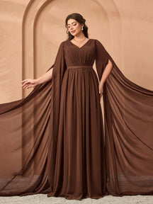 Plus Size V-Neck Elegant Pleated Green Dress, Flowy Wide Hem & Sleeves Party Wedding