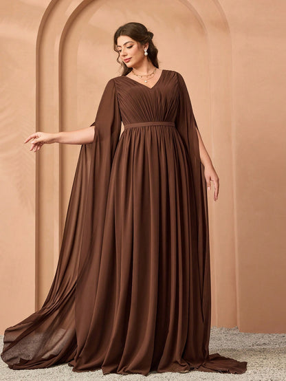 Plus Size V-Neck Elegant Pleated Green Dress, Flowy Wide Hem & Sleeves Party Wedding