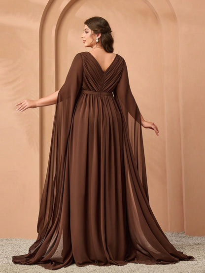 Plus Size V-Neck Elegant Pleated Green Dress, Flowy Wide Hem & Sleeves Party Wedding