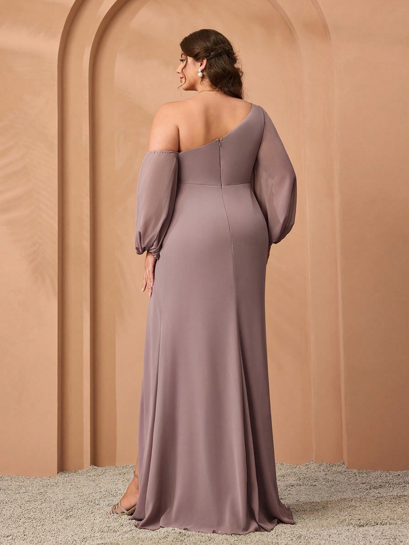 Plus Size Solid Color Asymmetric Neckline Ruffle High-Slit Chiffon Bridesmaid Dress