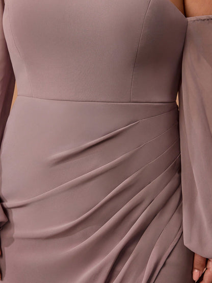 Plus Size Solid Color Asymmetric Neckline Ruffle High-Slit Chiffon Bridesmaid Dress