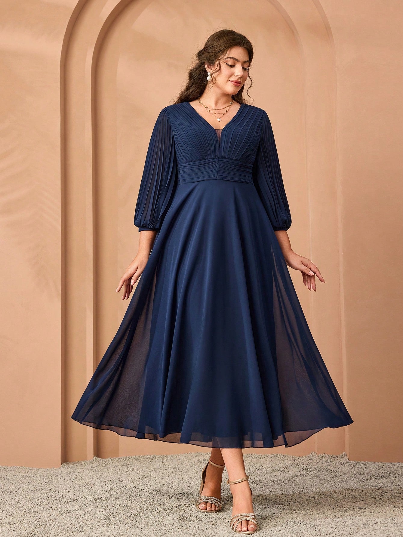 Plus Size Chiffon V-Neck Puff Sleeve Pleated Waist A-Line Midi Dress For Women Summer Wedding, Prom, Party, Vacation & Festival