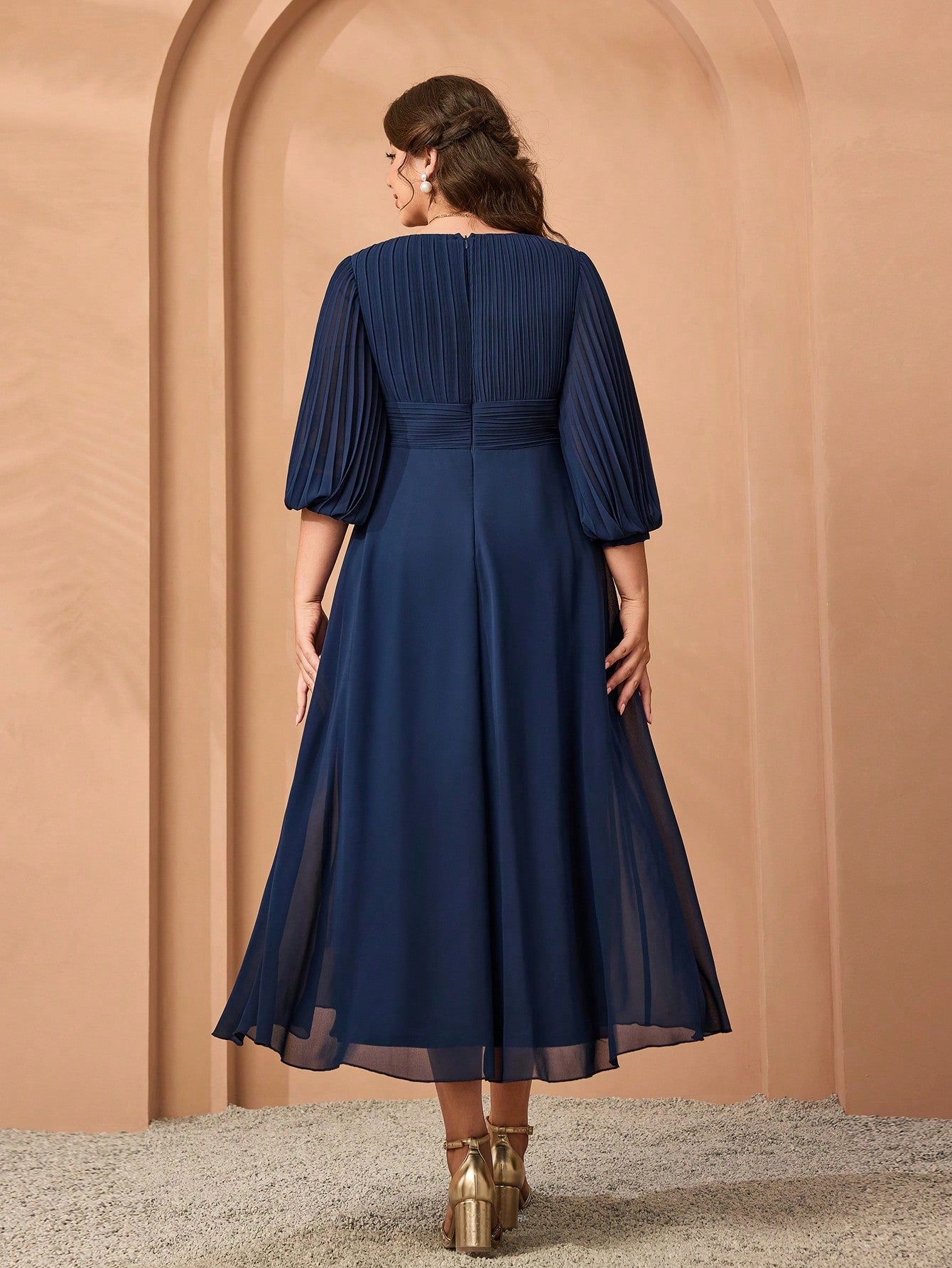 Plus Size Chiffon V-Neck Puff Sleeve Pleated Waist A-Line Midi Dress For Women Summer Wedding, Prom, Party, Vacation & Festival