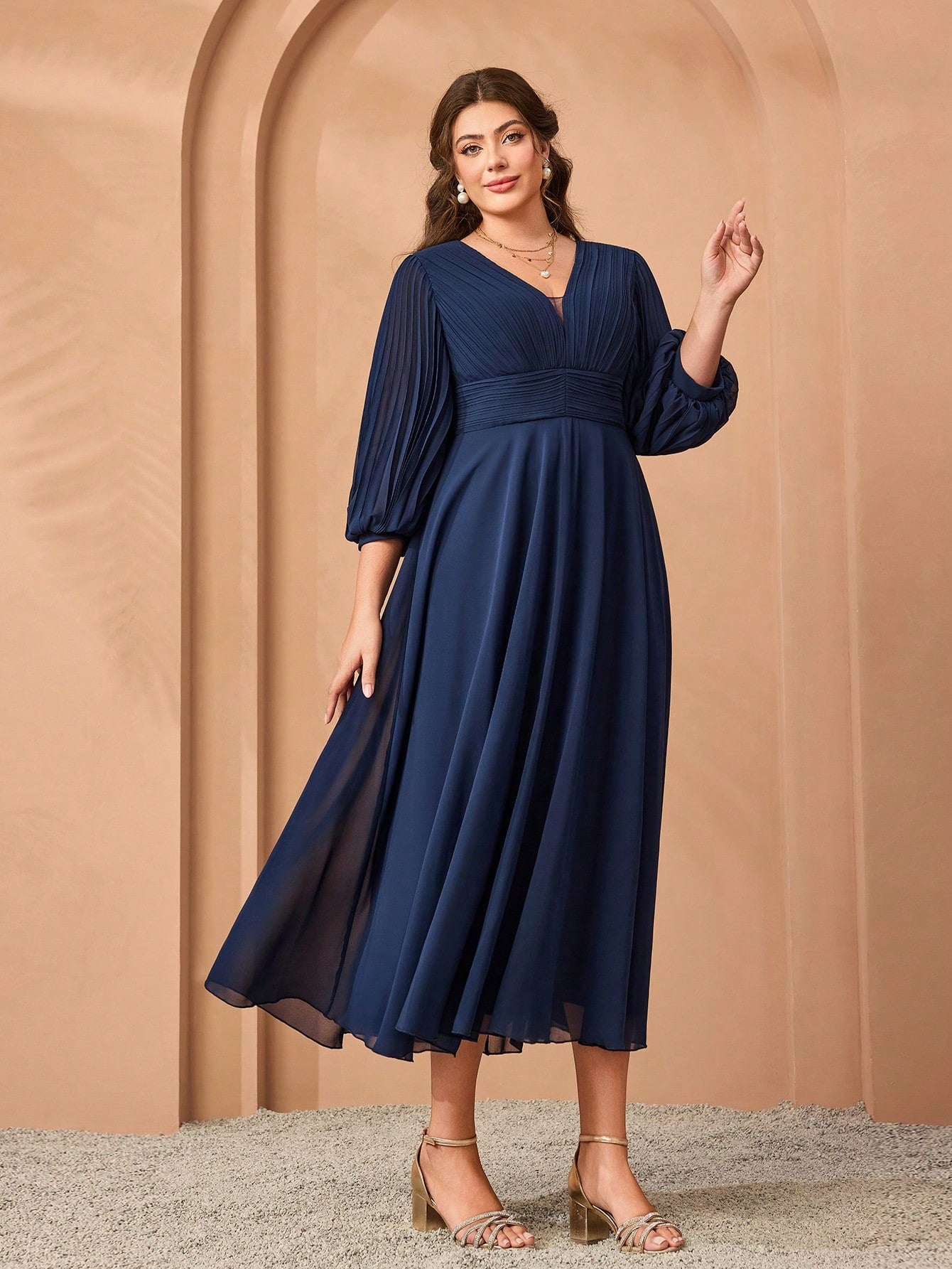Plus Size Chiffon V-Neck Puff Sleeve Pleated Waist A-Line Midi Dress For Women Summer Wedding, Prom, Party, Vacation & Festival