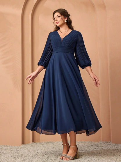 Plus Size Chiffon V-Neck Puff Sleeve Pleated Waist A-Line Midi Dress For Women Summer Wedding, Prom, Party, Vacation & Festival
