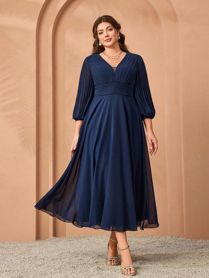 Plus Size Chiffon V-Neck Puff Sleeve Pleated Waist A-Line Midi Dress For Women Summer Wedding, Prom, Party, Vacation & Festival