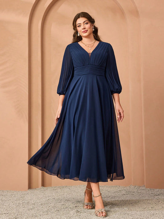 Plus Size Chiffon V-Neck Puff Sleeve Pleated Waist A-Line Midi Dress For Women Summer Wedding, Prom, Party, Vacation & Festival